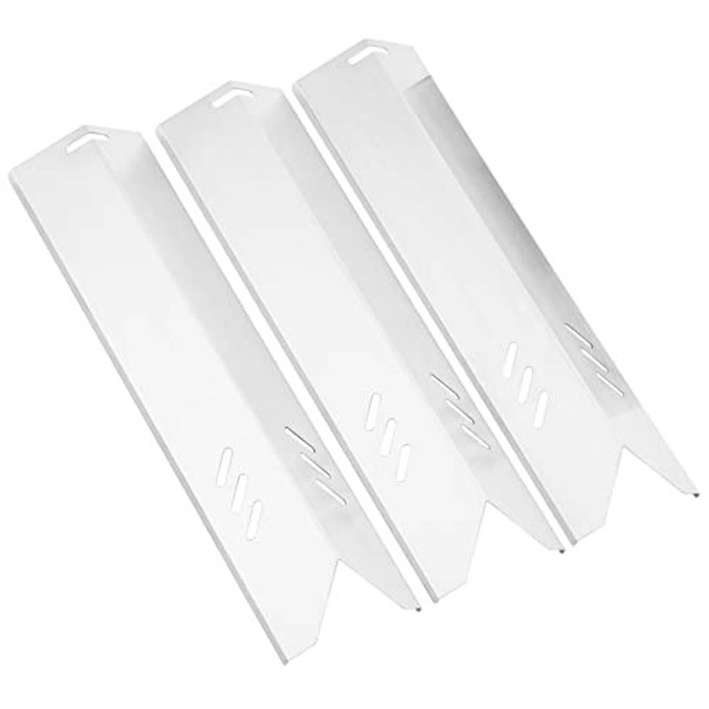 Three white heat plates with vent slits and pointed ends, front view