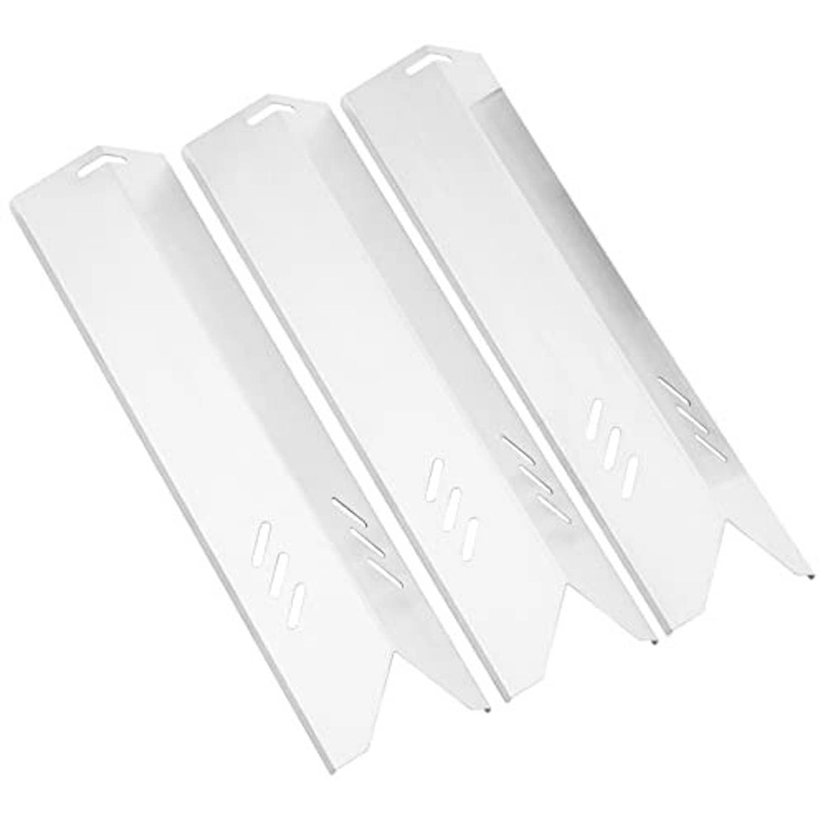 Three white heat plates with vent slits and pointed ends, front view