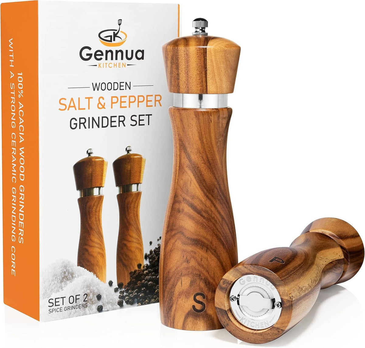 Gennua wooden salt and pepper grinder set with 2 mills, metal tops, and retail box