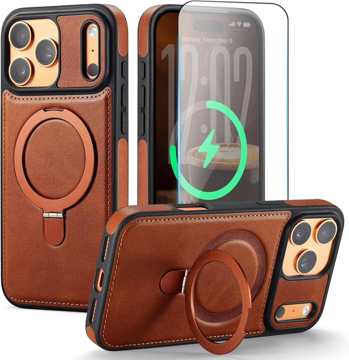 Brown PU leather iPhone case with circular stand, MagSafe ring, and screen protection lip