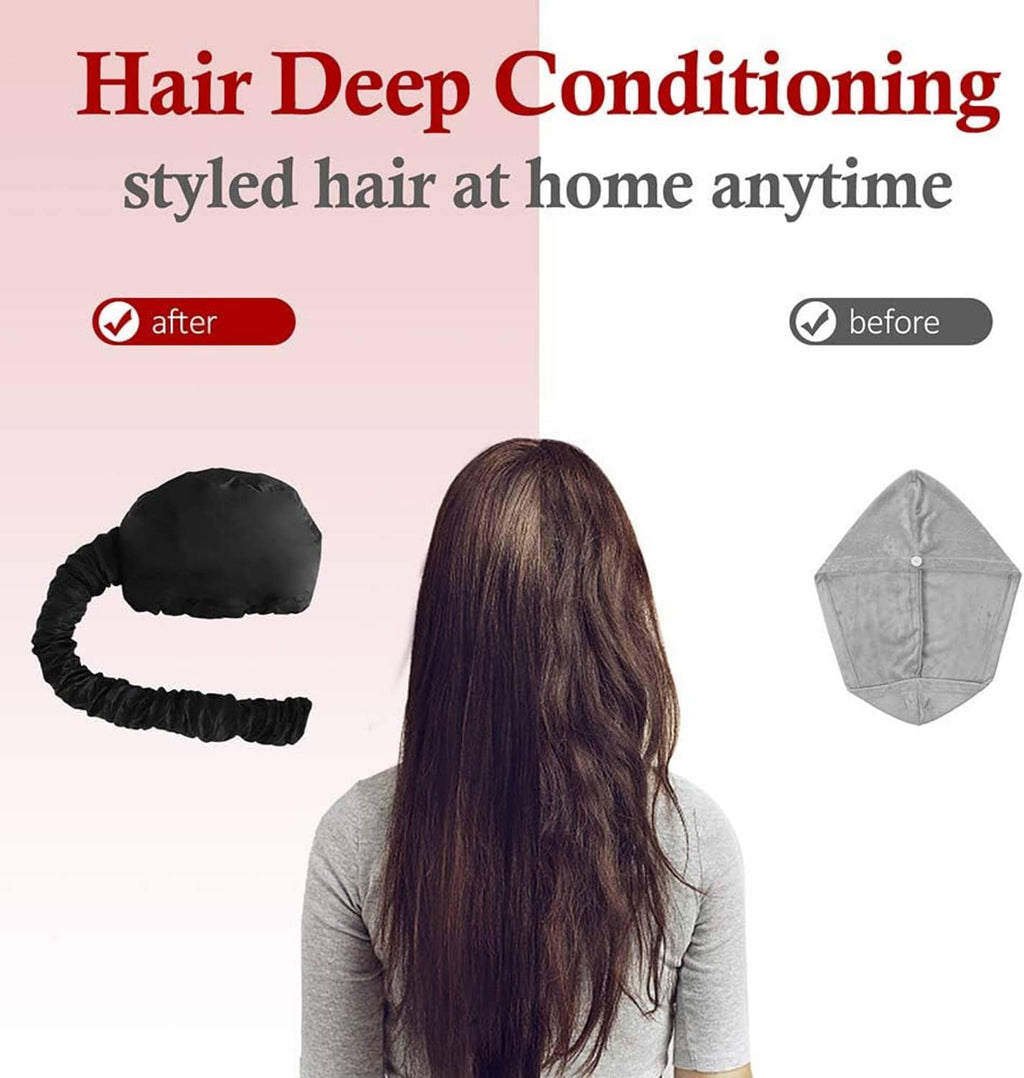 Black hair dryer bonnet hood with chin strap, worn from the back