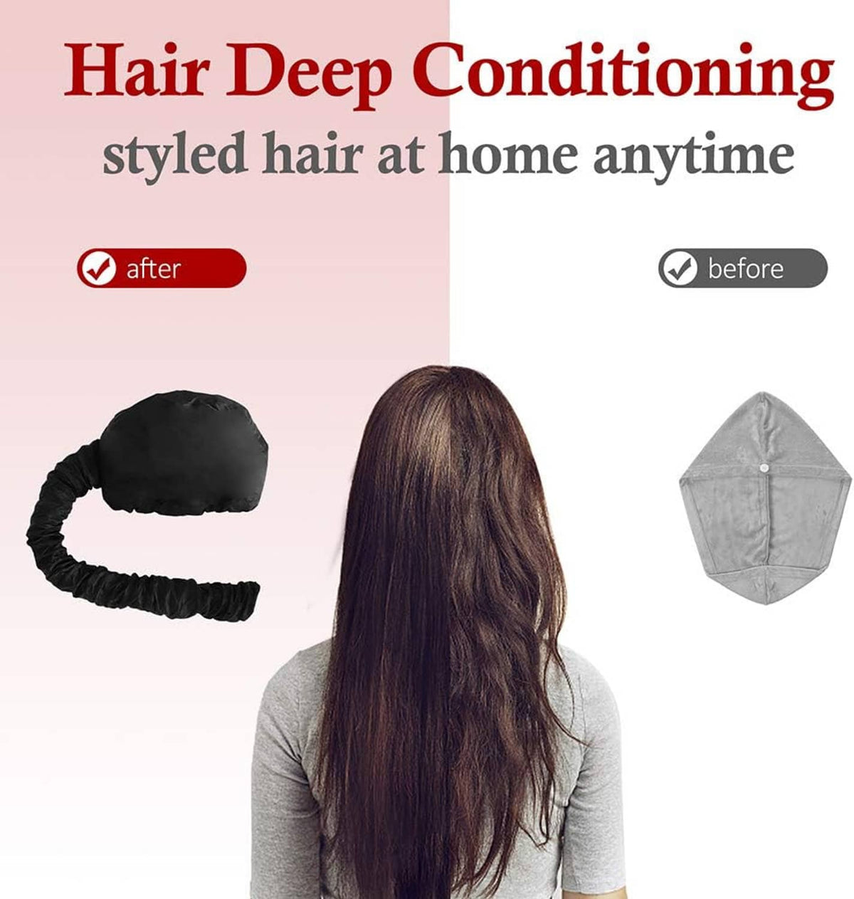 Black hair dryer bonnet hood with chin strap, worn from the back
