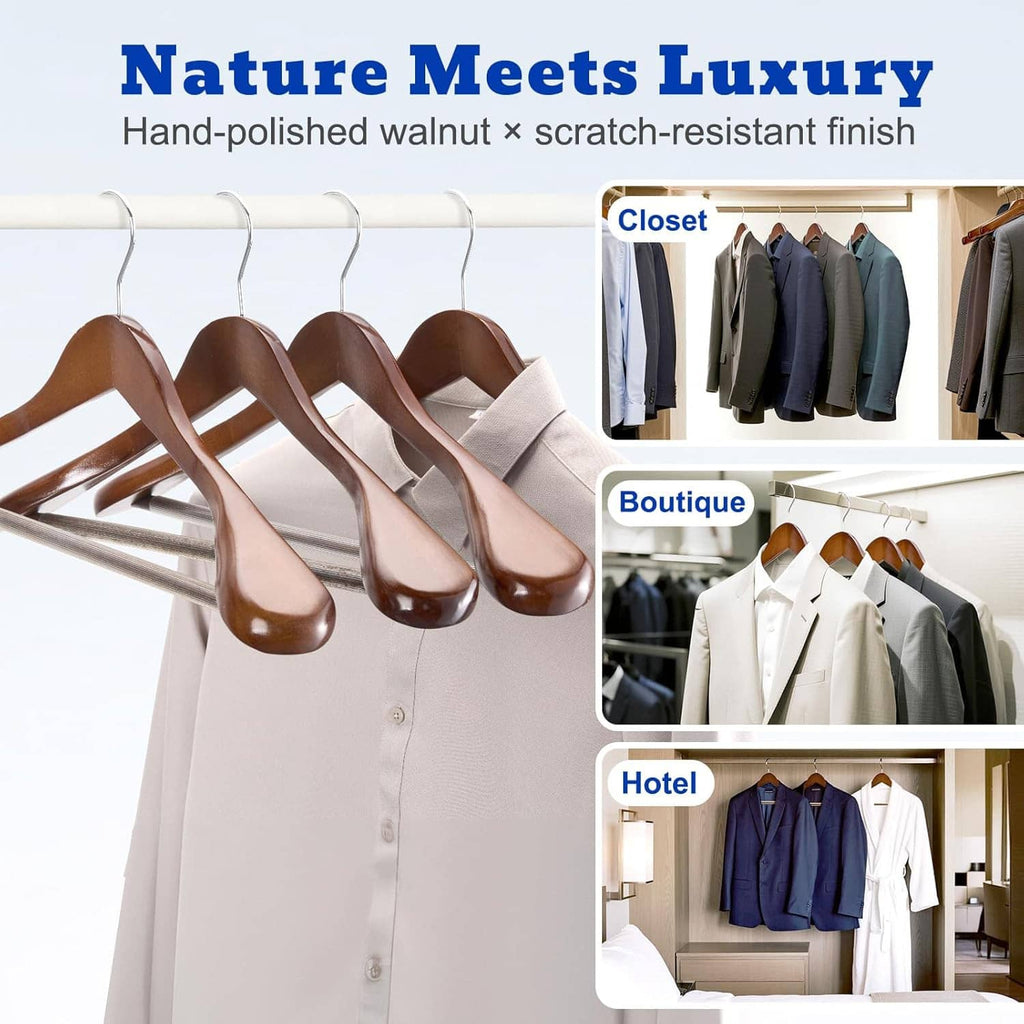 Walnut wooden suit hangers with hand-polished smooth finish, multiple in a row