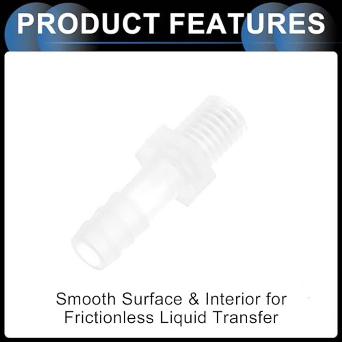 White plastic hose barb adapter with smooth interior and external threaded end