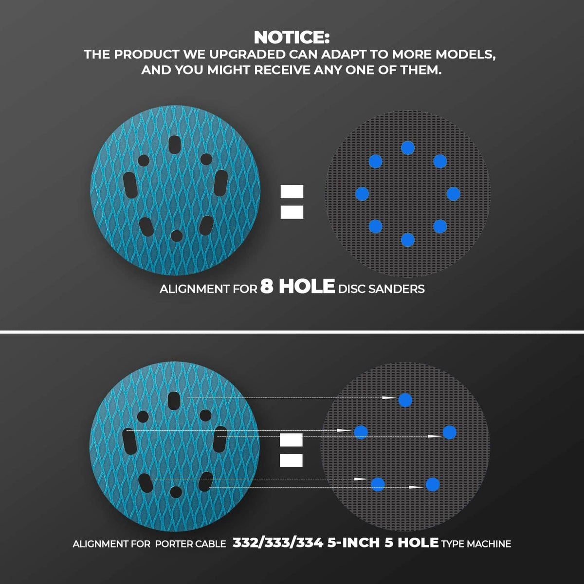 Diamond sanding discs showing 8-hole alignment pattern, blue and dark sanding faces.