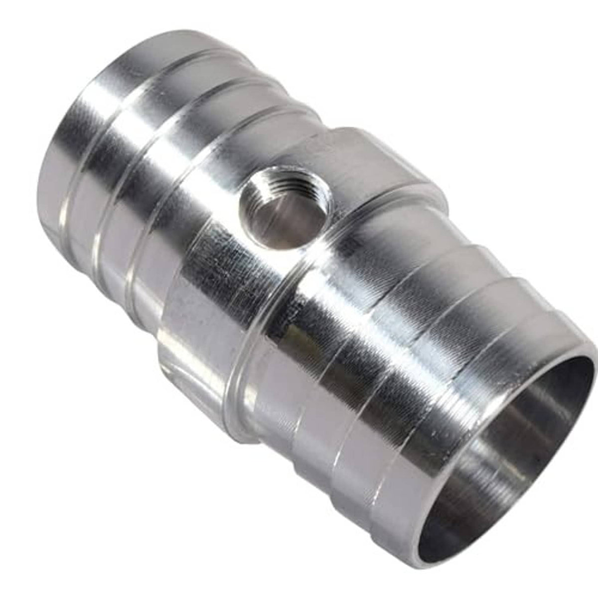 Radiator hose barb coupler, chrome metal with central threaded hole and flanged barb ends