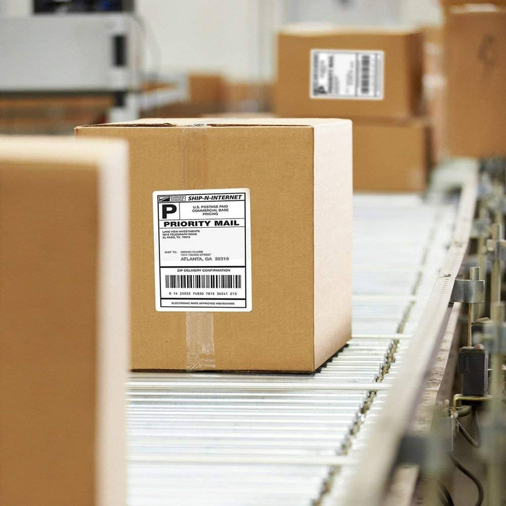 Priority mail shipping label on brown box with 4 x 6 direct thermal label