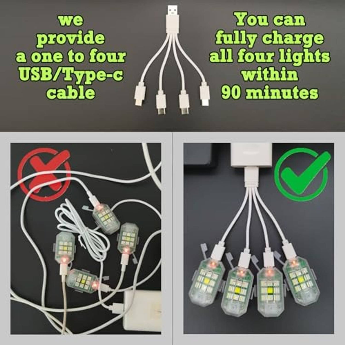 USB charging cables with four compact RGB strobe lights in clear housings
