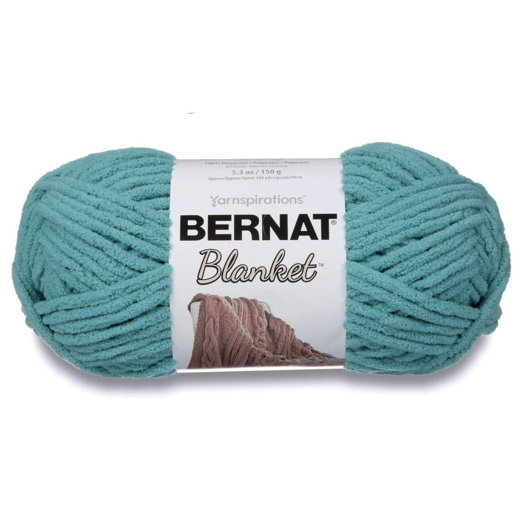 Light teal super bulky chenille blanket yarn skein pair on packaging label