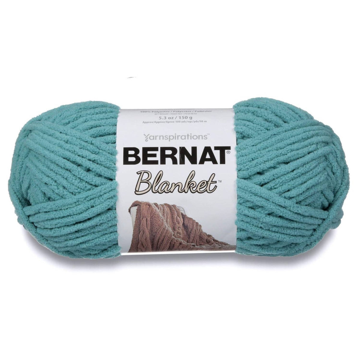 Light teal super bulky chenille blanket yarn skein pair on packaging label
