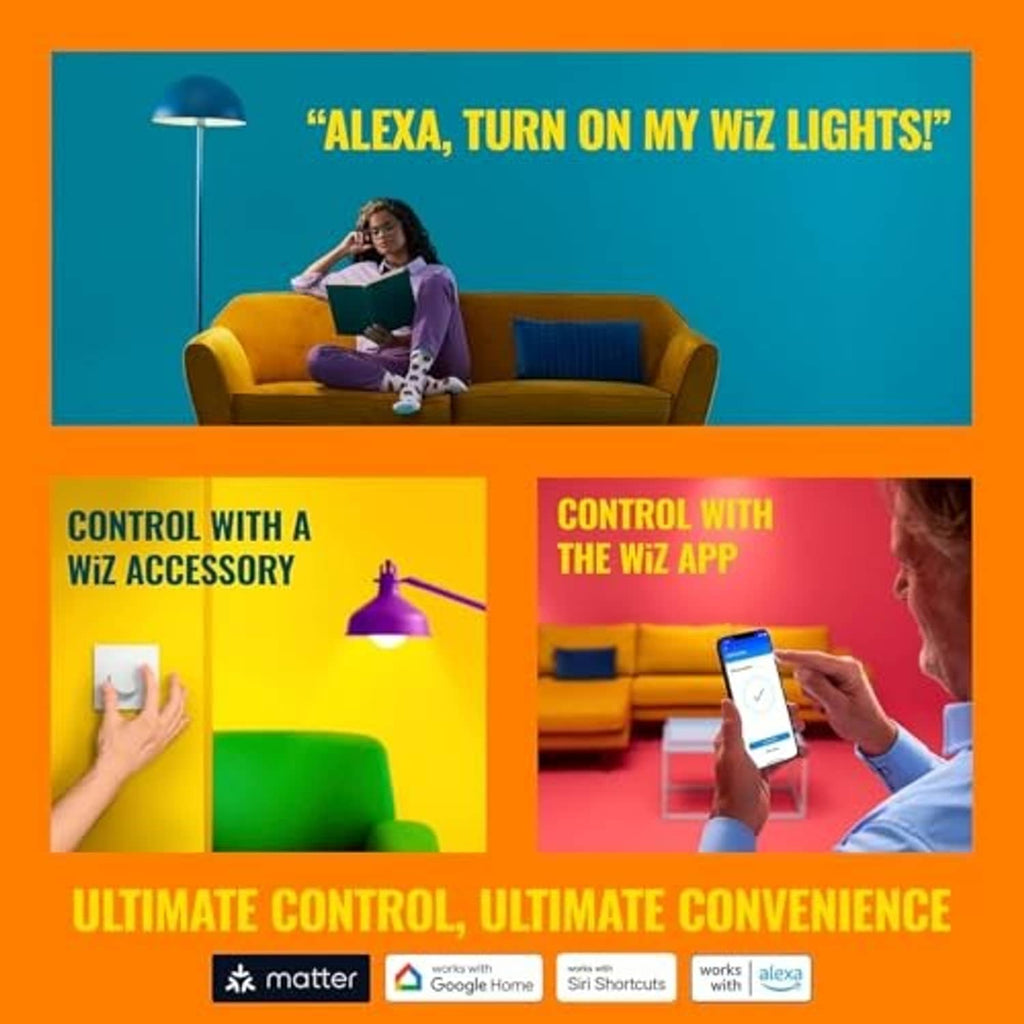 Smartphone app control with WiZ light branding and lamps in living room scene
