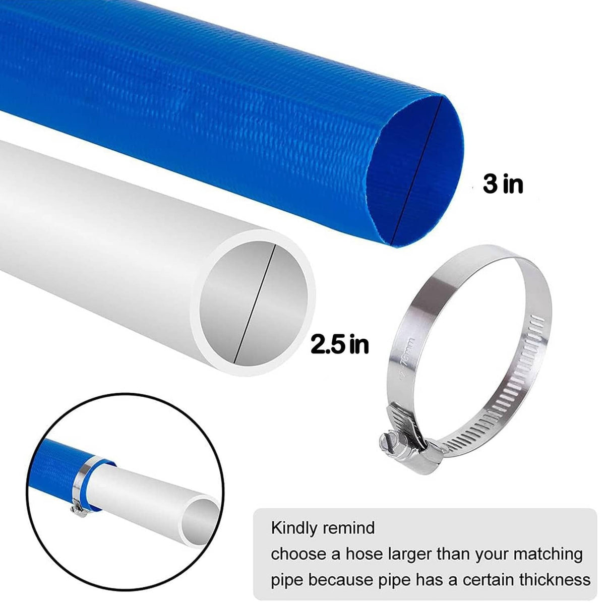 Blue pool hose with open end and silver clamp rings on a white background