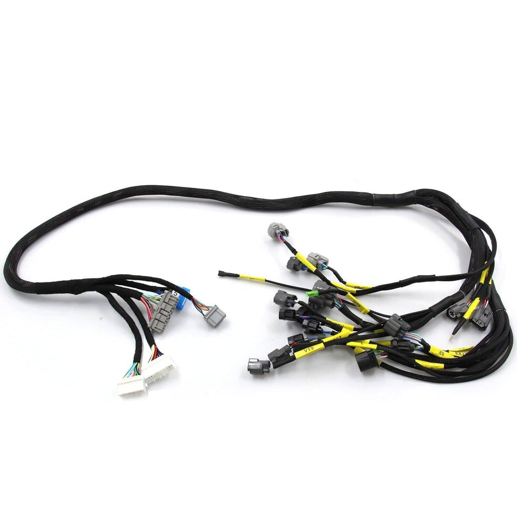 Engine wire harness with black cables and multiple electrical connectors
