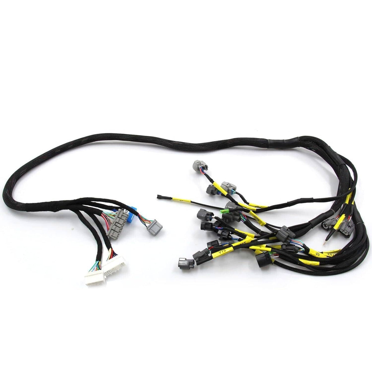 Engine wire harness with black cables and multiple electrical connectors