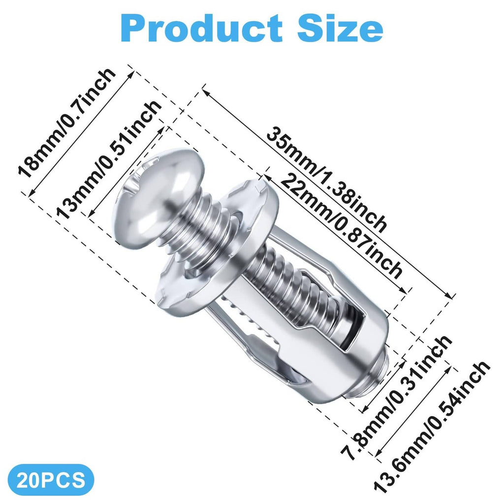 Silver M8 x 30mm expansion screw with petal nut shown with size diagram