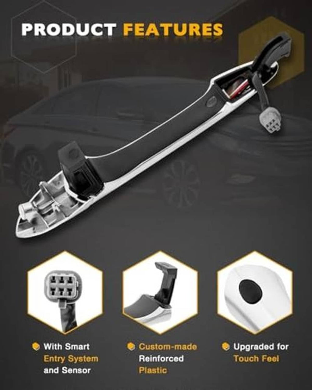Passenger door handle exterior with sensor connector and custom-fit plastic parts