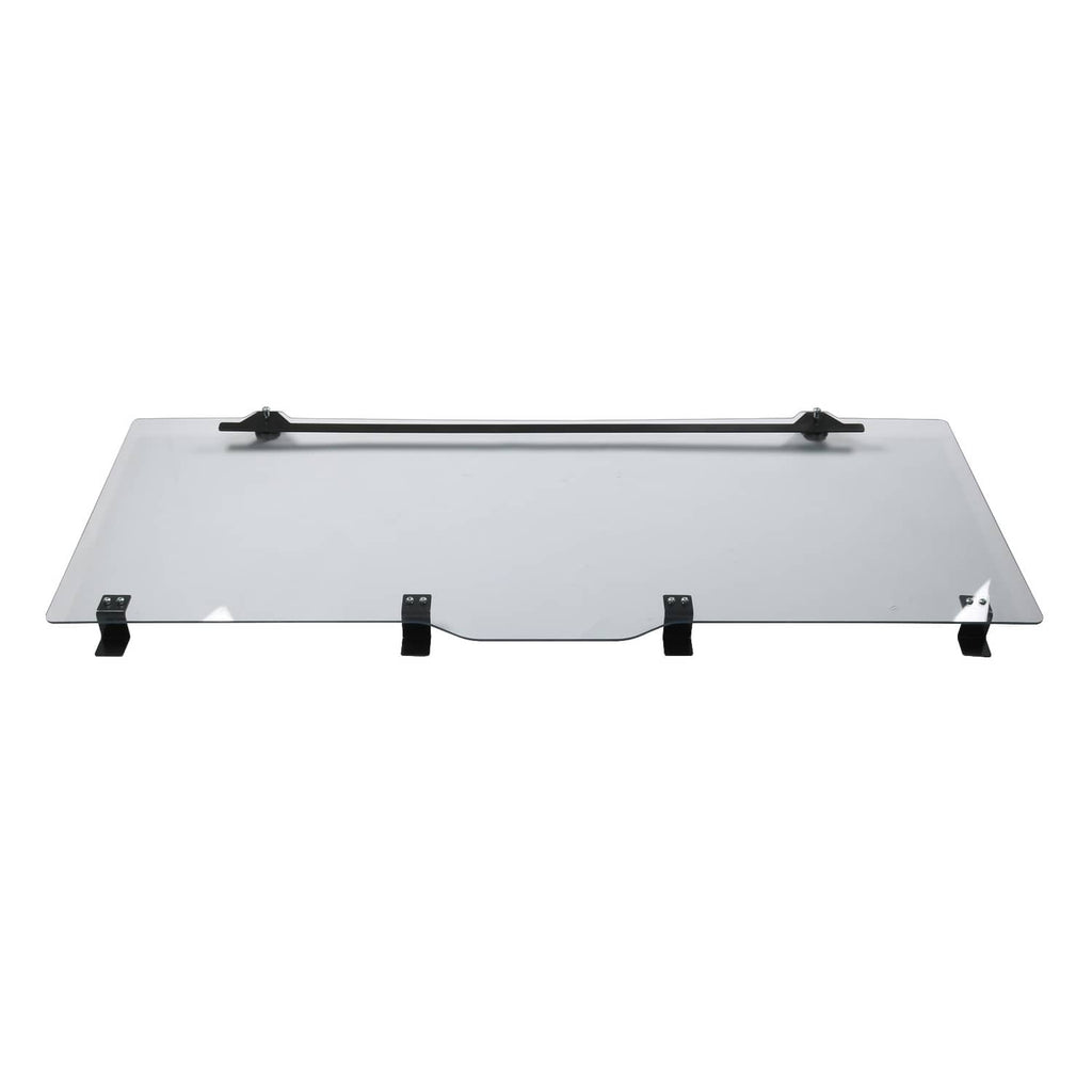 Rear sliding windshield panel window with black mounting feet and support bar