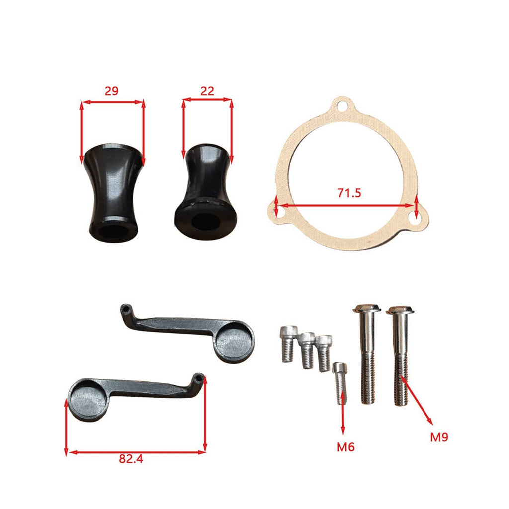 Black air cleaner intake filter kit with gasket, screws, and mounting hardware