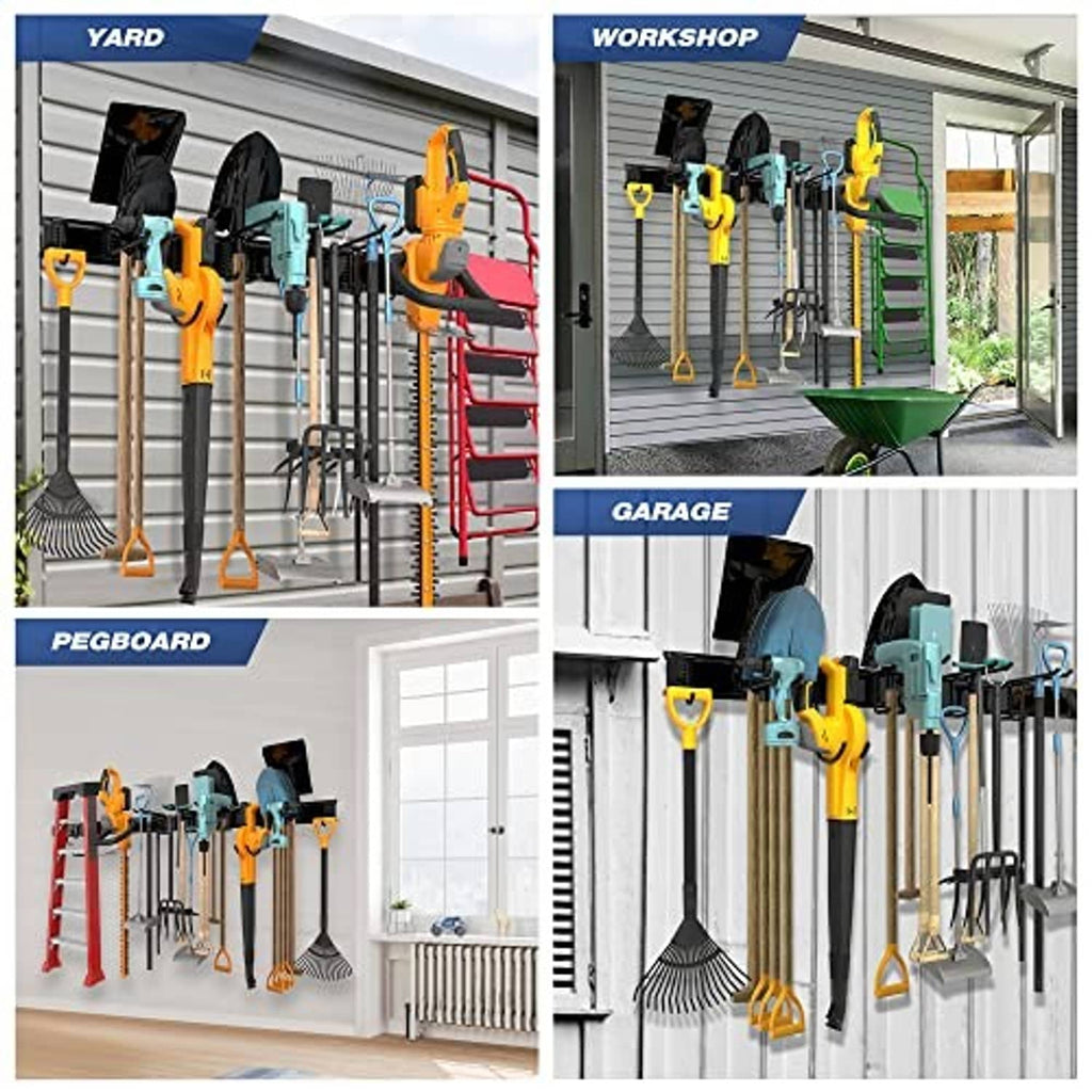 Wall-mounted organizer rack with many hooks for garage, yard, and workshop tools
