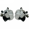 Front brake caliper set, silver metal with black rubber hoses and mounting brackets