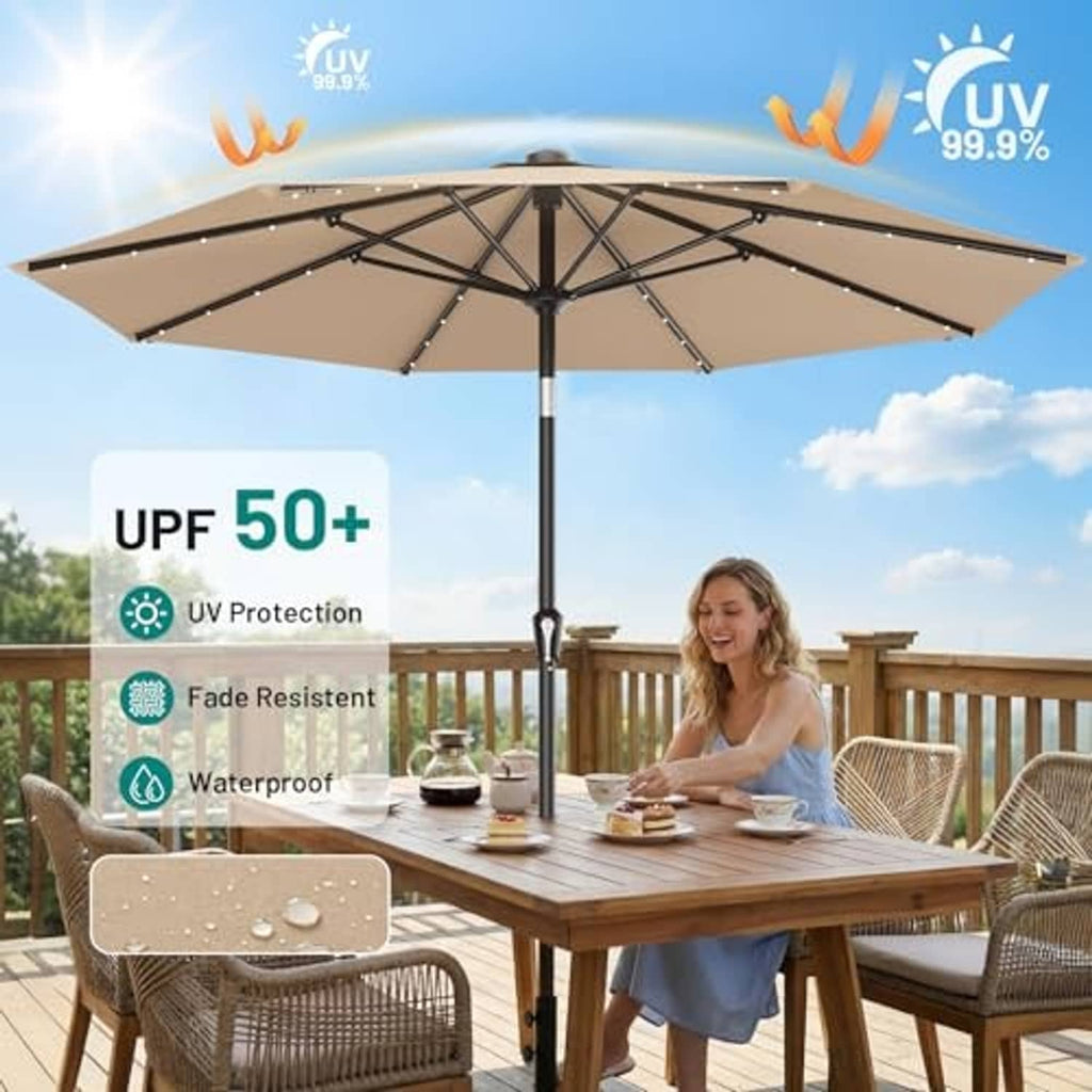 Beige patio umbrella with solar light LEDs and black rib frame