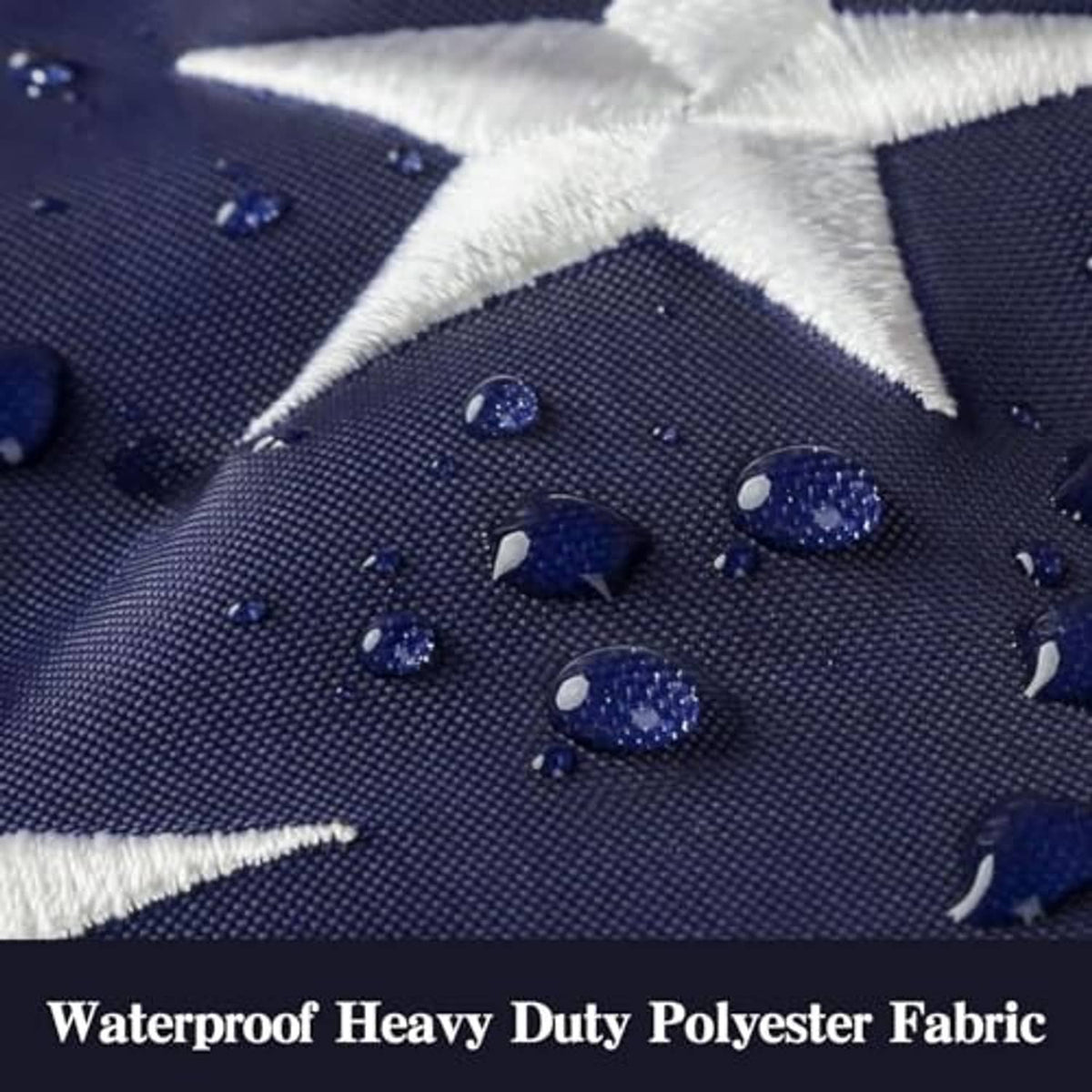 American flag fabric detail with raised white stars and water droplets on navy cloth