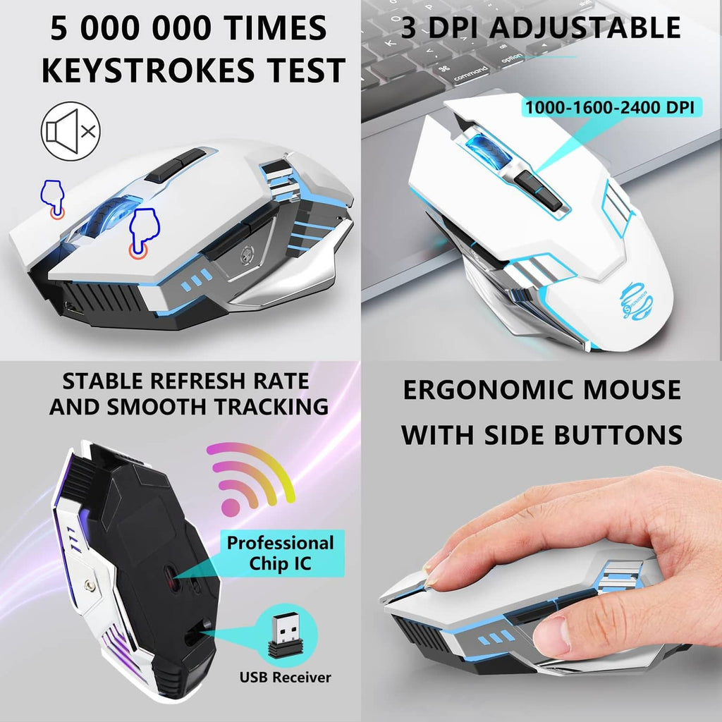 White gaming mouse with ergonomic shape and side buttons, blue LED highlights