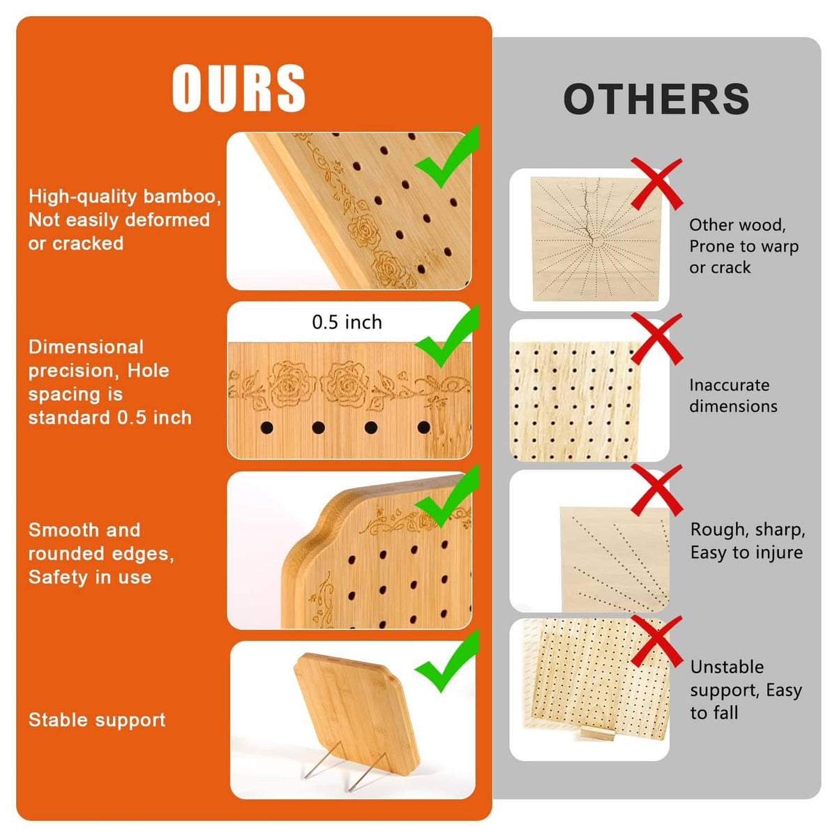 Crochet blocking board comparison chart showing hole grid and quality features