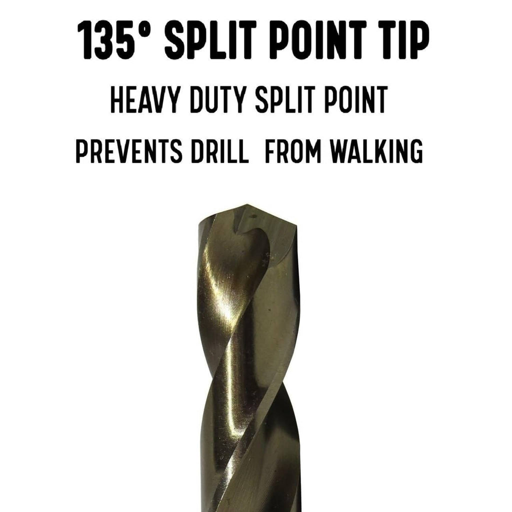 Cobalt drill bit with 135° split-point tip and spiral cutting flutes