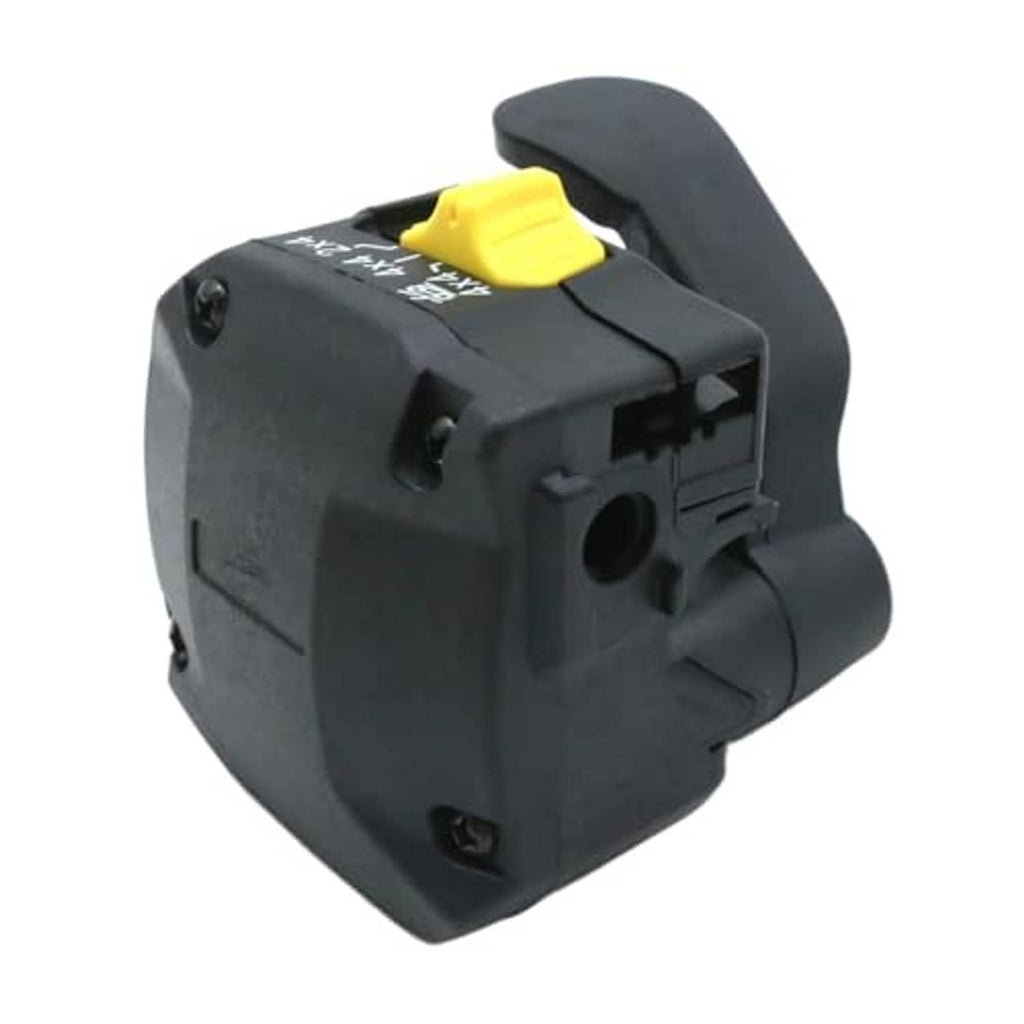 Black thumb throttle control lever assembly with yellow button and mounting ports