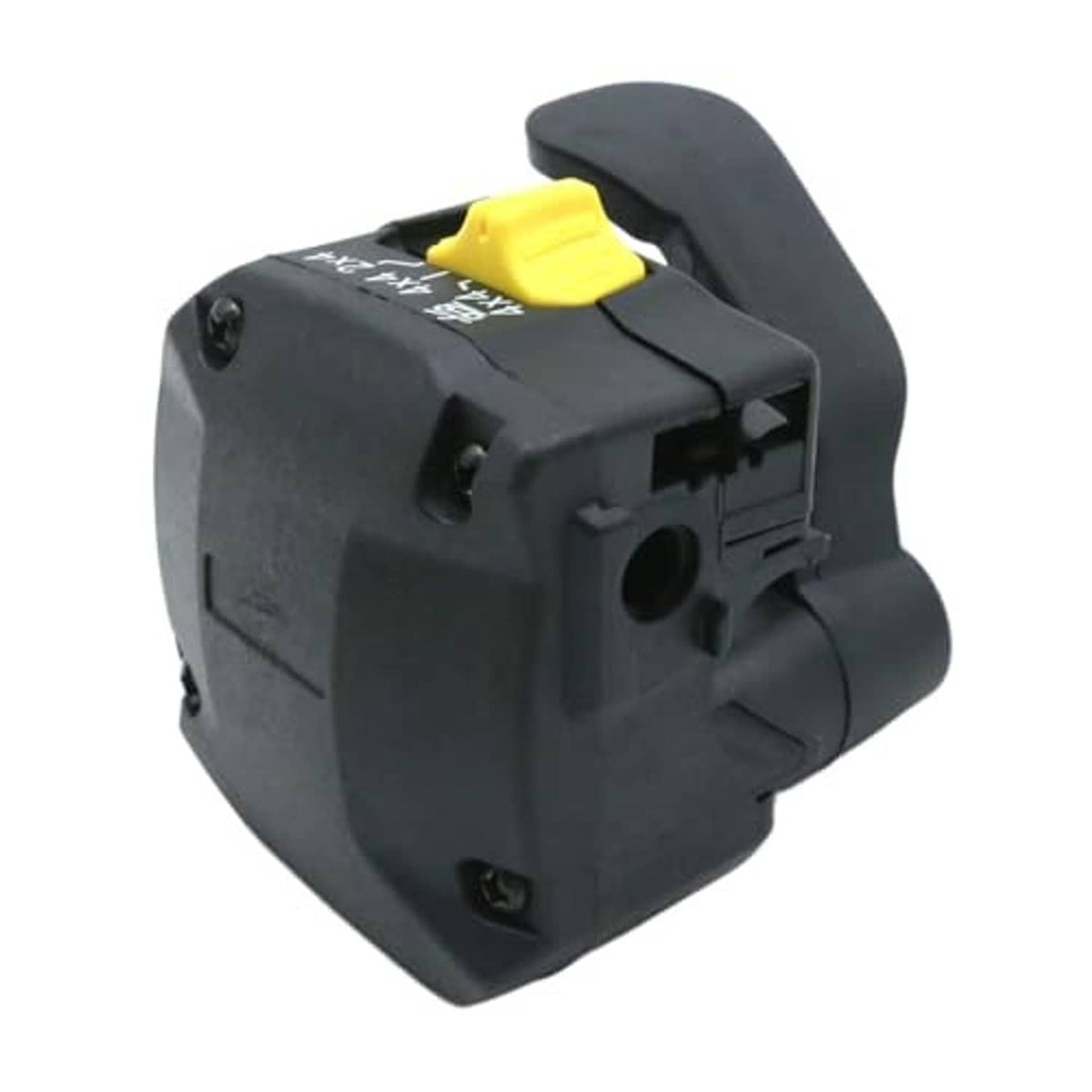 Black thumb throttle control lever assembly with yellow button and mounting ports
