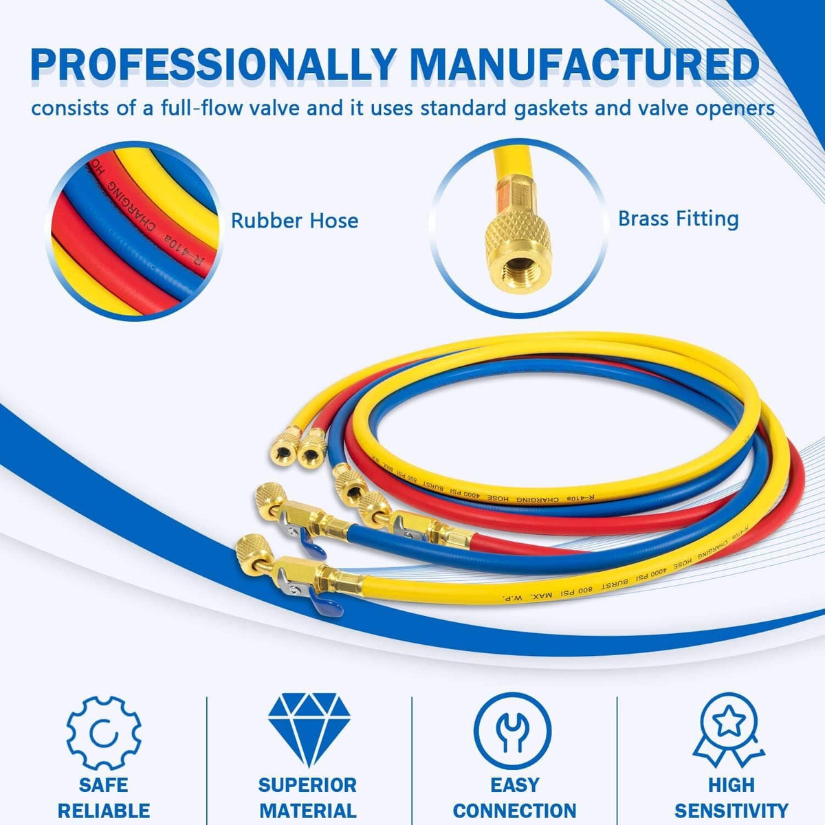 Refrigerant charging hose set with rubber hoses and brass fittings, multicolor bundle