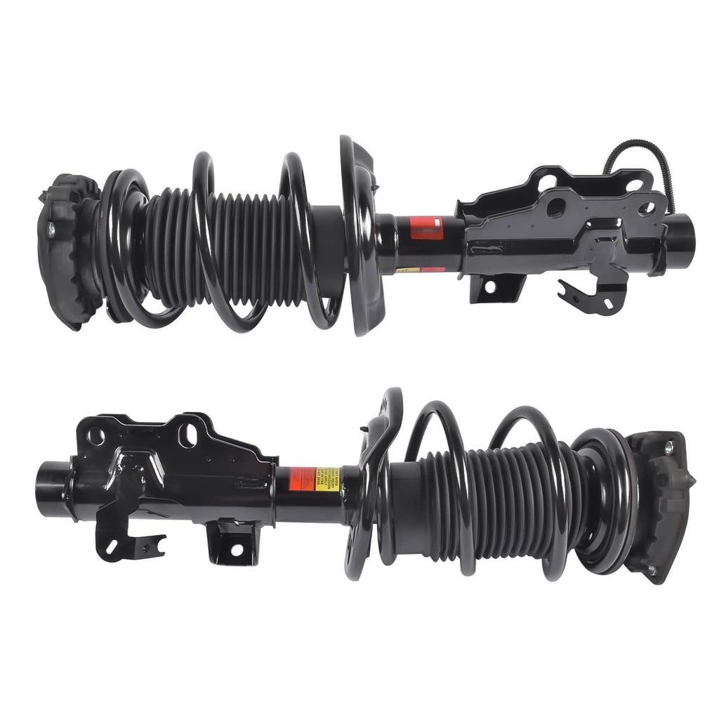 Pair of front strut assemblies with coiled springs and bracket mounts, side view