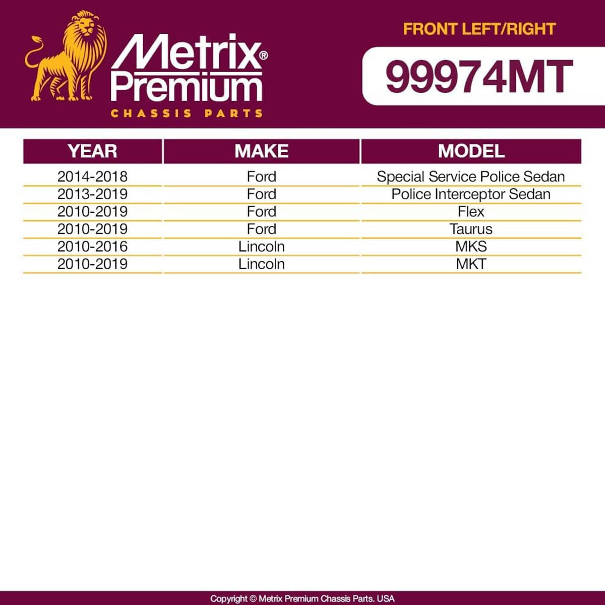 Metrix Premium front stabilizer end link kit compatibility chart, 99974MT