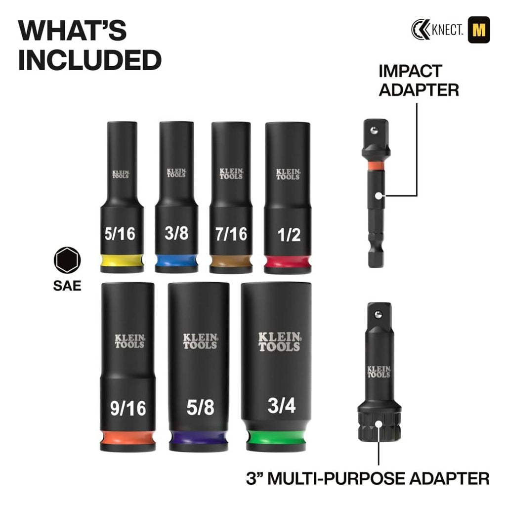 Deep-well impact socket set with KNECT impact adapter and multiple drive sizes