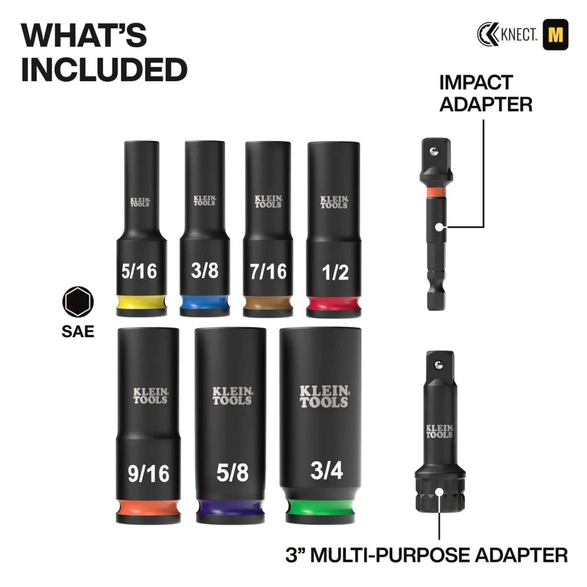 Deep-well impact socket set with KNECT impact adapter and multiple drive sizes