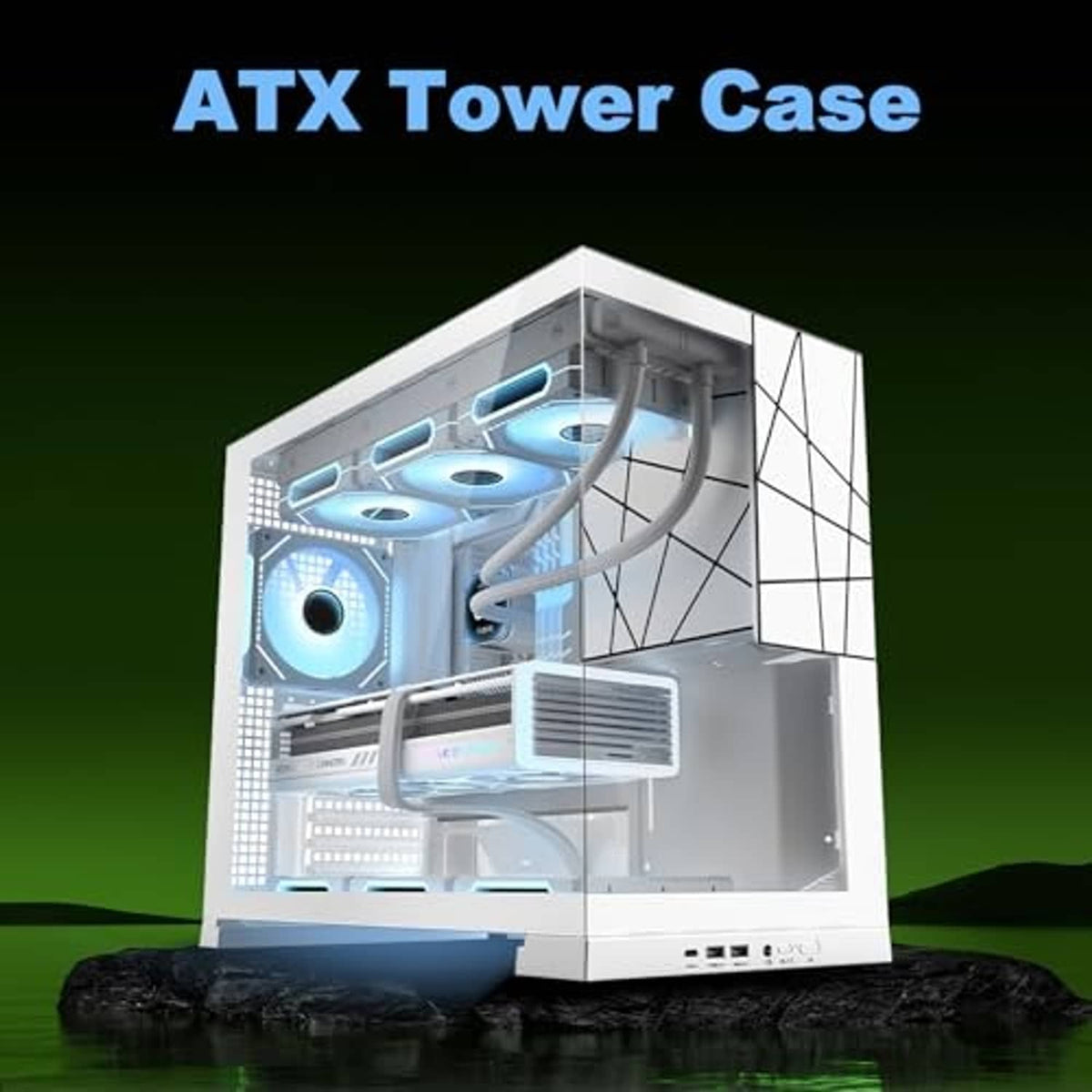 White ATX tower PC case with blue LED fans, mesh front, and side tempered glass panels