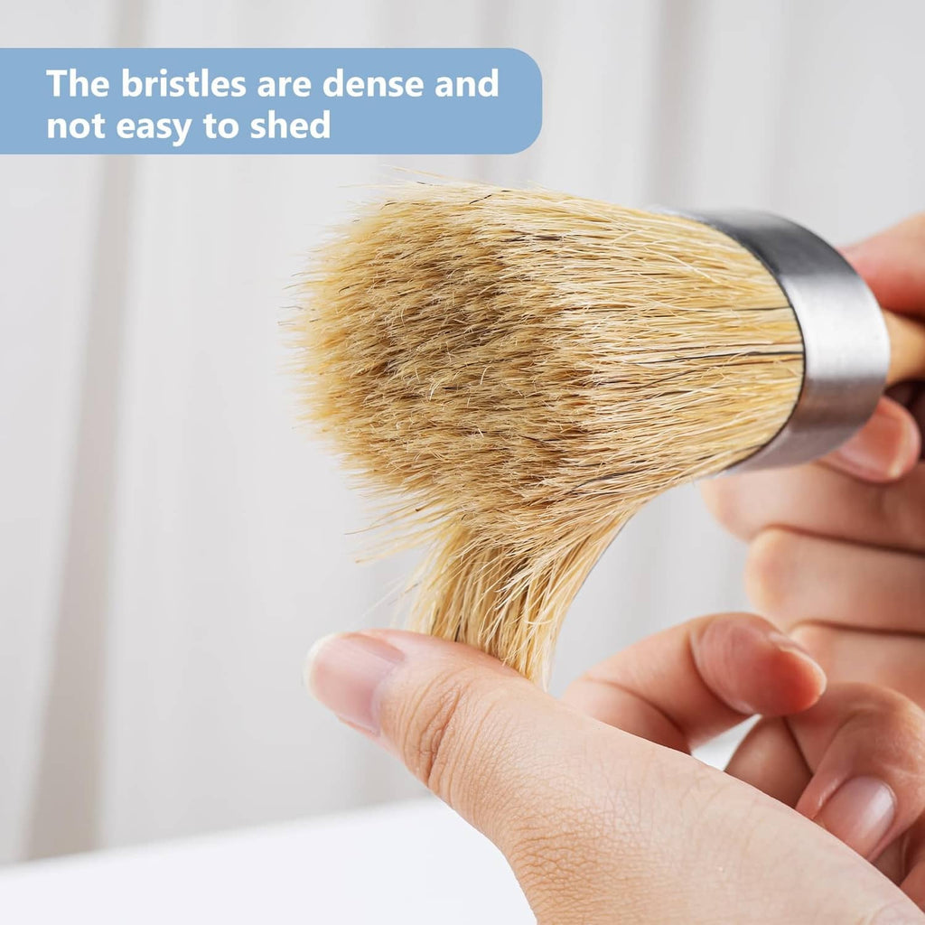 Close-up of chalk paint brush bristles on a silver-ferrule wood handle