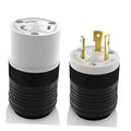 NEMA L6-30 locking plug and connector set with white housing, black ribbed grip, gold contacts