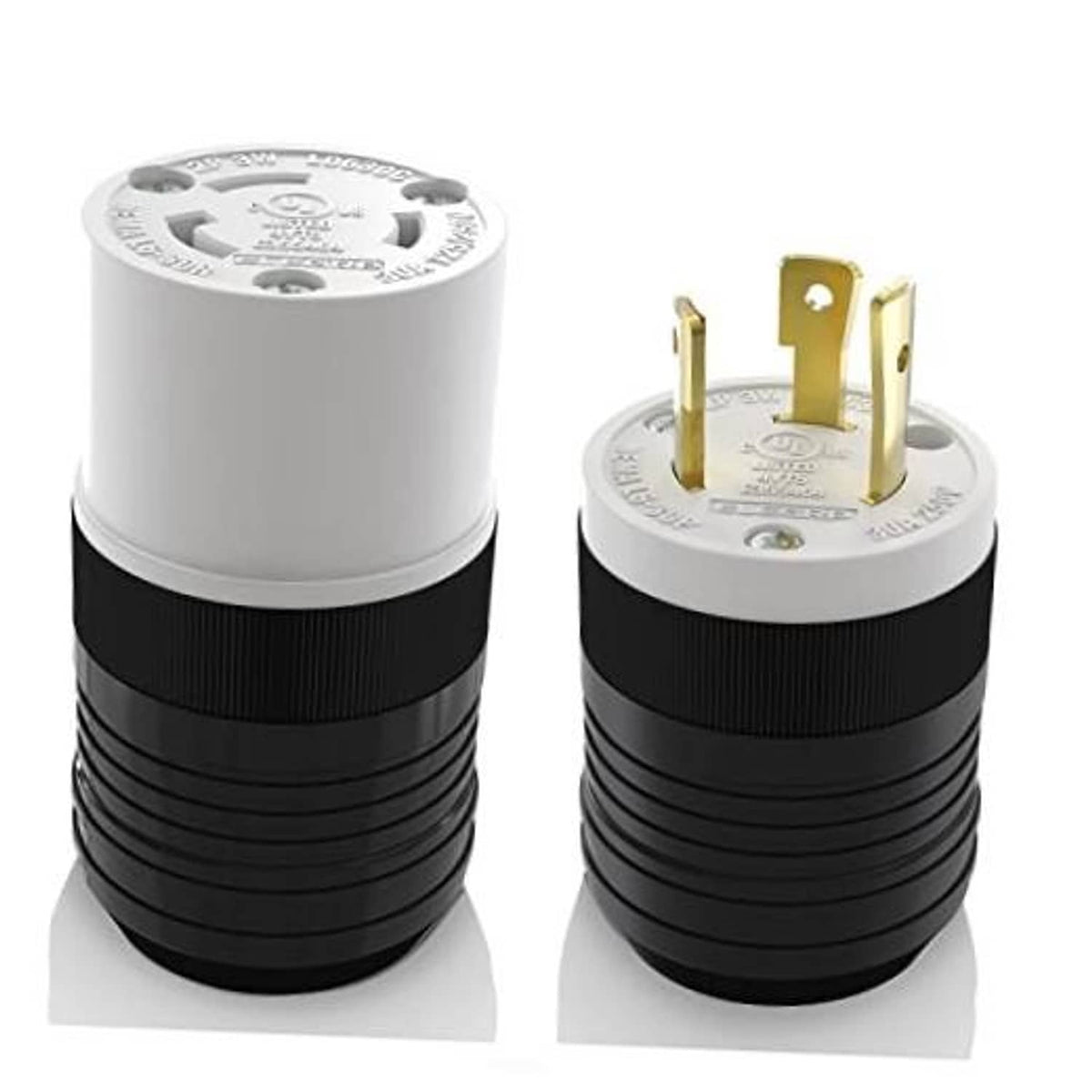 NEMA L6-30 locking plug and connector set with white housing, black ribbed grip, gold contacts