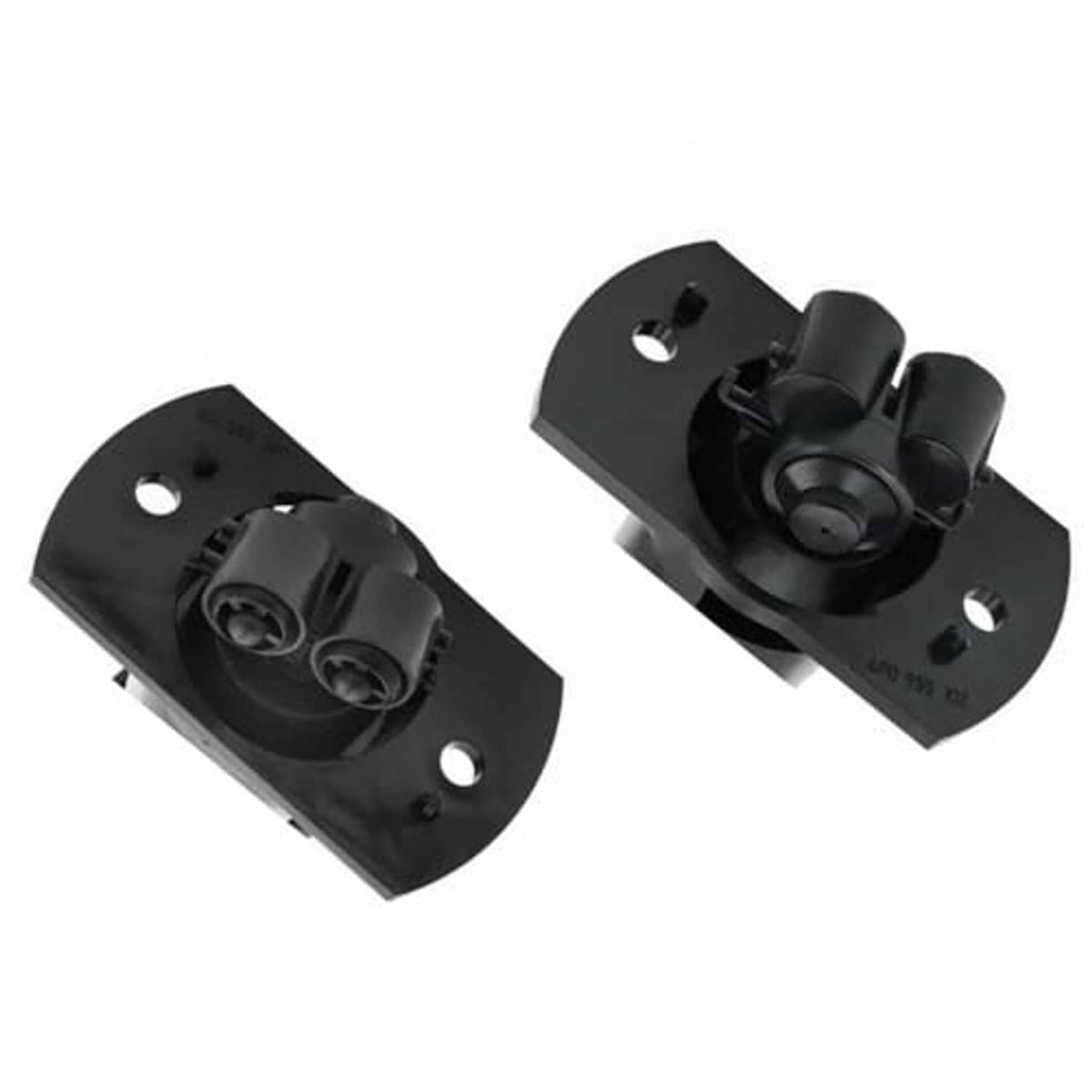 Two black headlight washer nozzle bases with circular nozzles and mounting holes