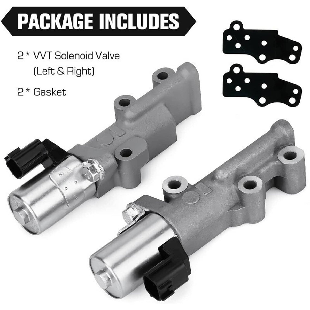 VVT solenoid valve set with two mounting gaskets and black connector ends, gray body