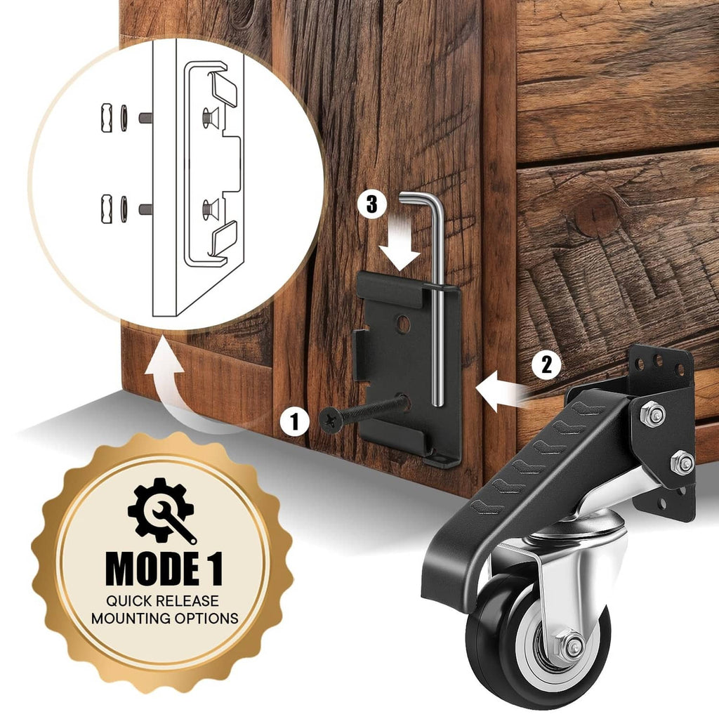 Workbench caster mount installed on wood with quick-release lever and swivel wheel.