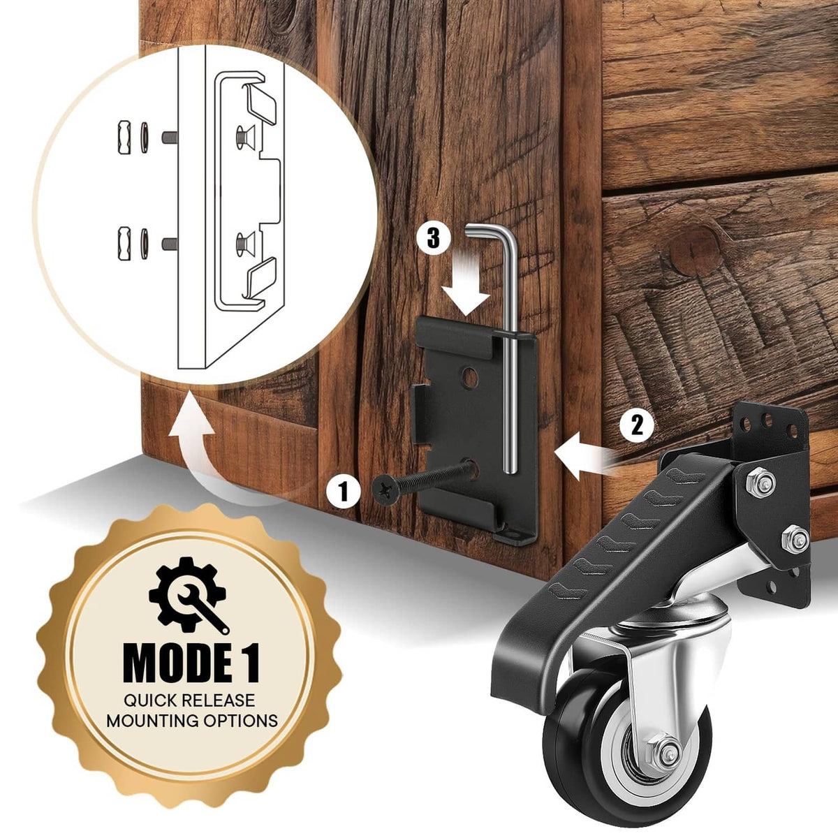 Workbench caster mount installed on wood with quick-release lever and swivel wheel.