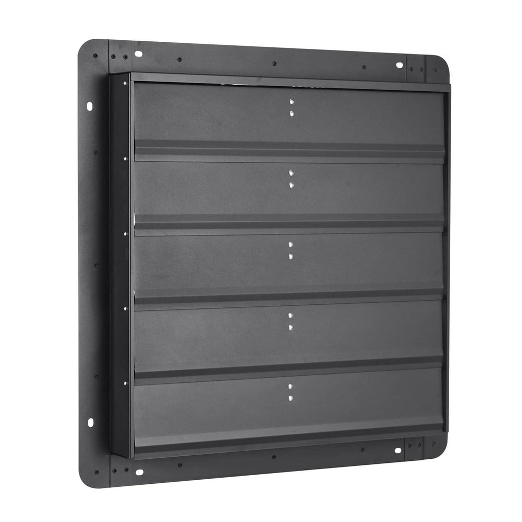Black wall-mounted shutter exhaust fan with closed louvered grille