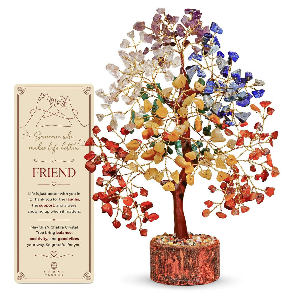 7-chakra crystal tree ornament with multicolor gemstone branches and carved wood base