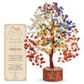 7-chakra crystal tree ornament with multicolor gemstone branches and carved wood base