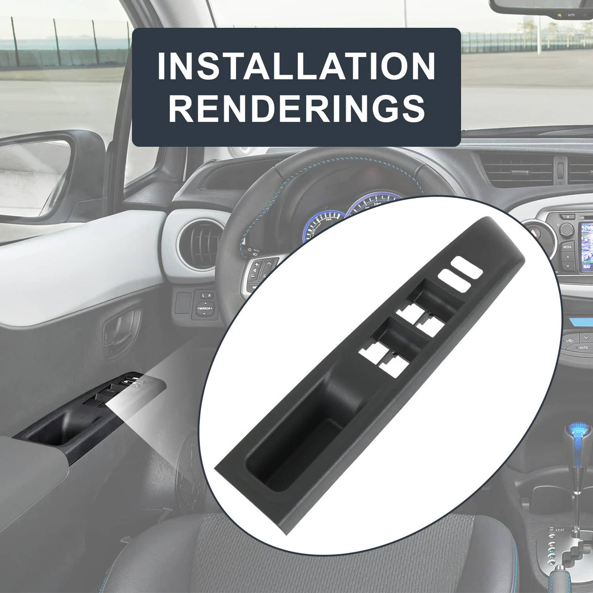Window switch bezel trim cover, dark gray, shown for driver door installation.