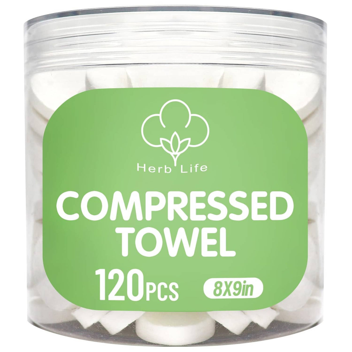 Mini compressed towels jar with white disposable face towels, 120 count