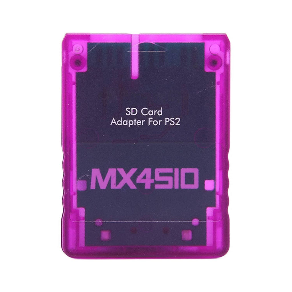 Purple translucent SD card adapter for PS2 with MX4SIO logo and label window.